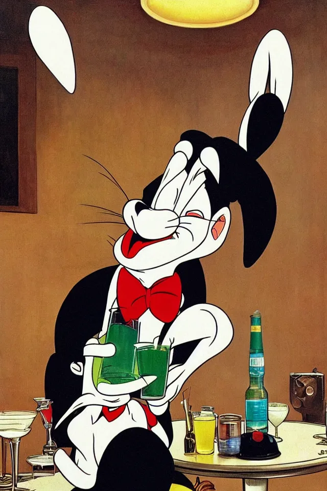 Prompt: Bugs Bunny Drinking Heavily At A Bar, 2001: A Space Odyssey, Roger Deakin’s cinematography, by J. C. Leyendecker and Peter Paul Rubens and Edward Hopper and Michael Sowa