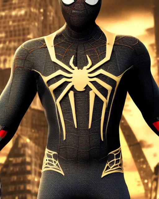 Image similar to photorealistic, hyperdetailed photograph of black spider - man suit with gold webbing by insomniac games