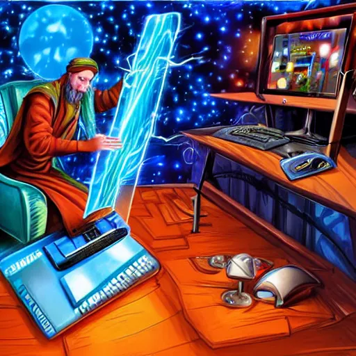 Image similar to a wizard destroys his computer with magical energy, by david mattingly, layout inspired by stock photos.