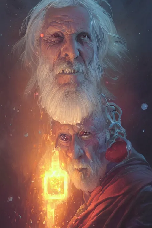 Prompt: acid mage necromancer old man passing portal into another dimensionexploding into space & bubbles, witch - doctor, crystals in eyes, d & d, fantasy, elegant, highly detailed, digital painting, artstation, concept art, cinematic lighting, illustration, art by artgerm and greg rutkowski and alphonse mucha