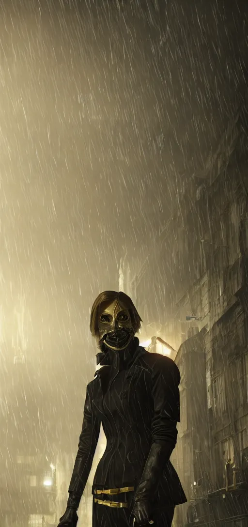 Prompt: annie leonhart in dunwall city wearing corvo attano's mask, redshift render, cinematic lighting, rainy weather, melancholy atmosphere, dunwall city, volumetric light, octane render, dishonored game, dishonored 1, gothic architecture, realistic reflections, octane render 8 k