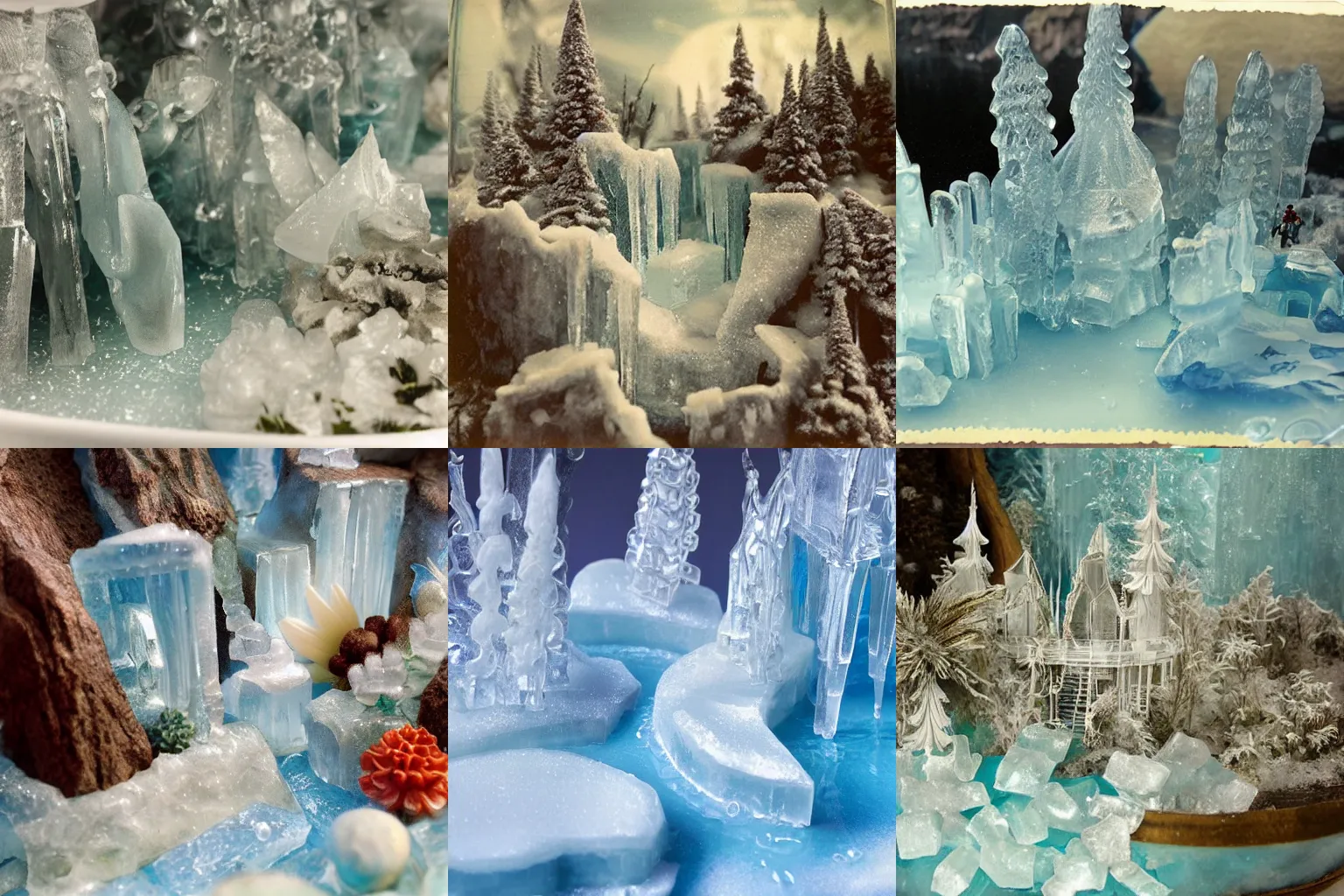 Prompt: ice paradise, diorama, beautiful, vintage close-up photo