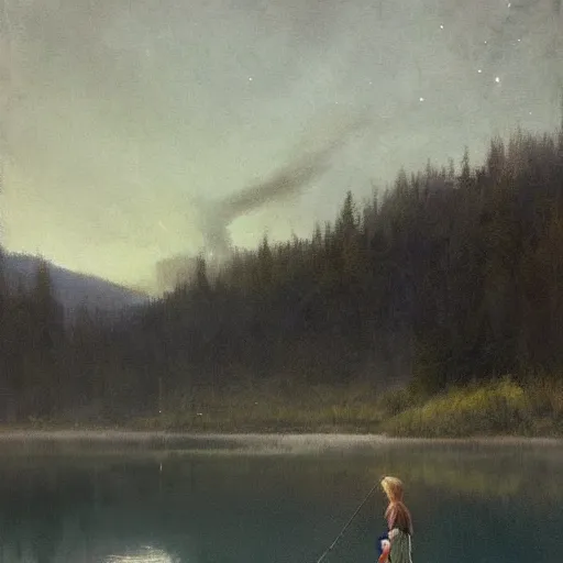 Prompt: marlenia and a long white european girl with a blonde hairband fishing on a lake in the early hours of the morning, the dark surface of the lake reflects the ribbon of the milky way, video game character art, fantasy art, by jeremy lipking, masterpiece