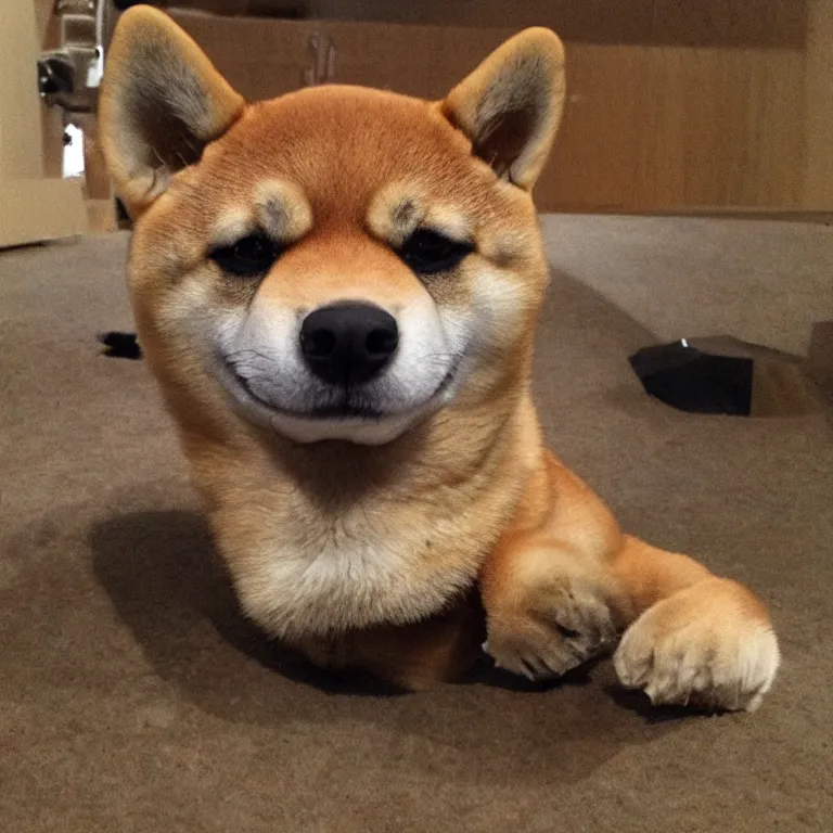 Prompt: a shiba-inu fossile perfectly preserved from 500 million years ago