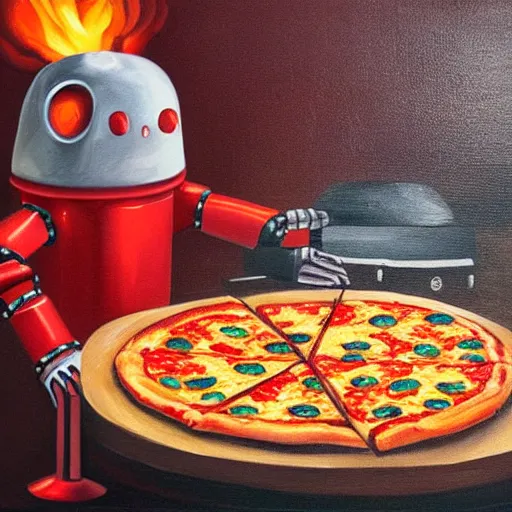 Image similar to robot cooking pizza in front of a volcano, oil painting, dark