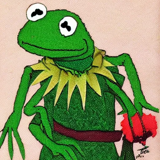 Image similar to kermit the frog, artwork by kitano tsunetomi