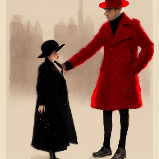 Image similar to a highly detailed epic cinematic concept art, a thin man in a black coat and bowler hat talks with small young girl who is dressed in a red coat and a red hat, park, autumn, 1923, wide angle, high detail, in style of Greg Rutkowski, width 768