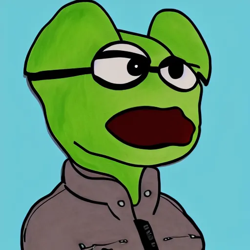 Image similar to pepe the frog head from 4chan on the body of a cartoon dog wearing a leather jacket and jeans