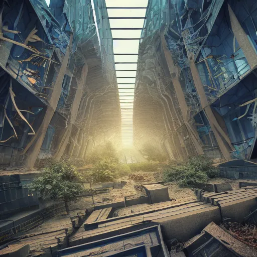 Prompt: of a dystopian city abandoned with debris, nice lighting, building full of plants, futurism, mc Escher, photography, architecture, 8k, detailed