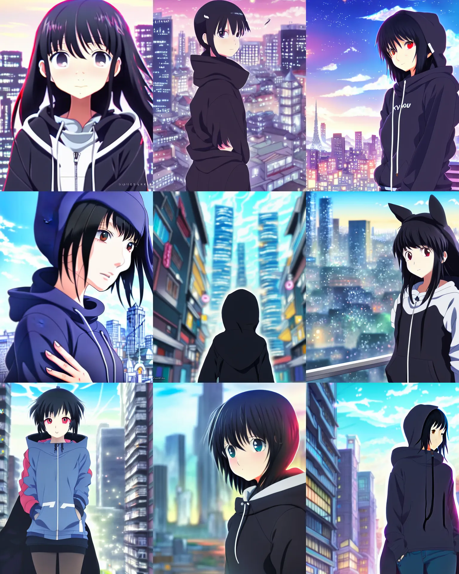 Prompt: black haired girl wearing hoodie, city cityscape, anime epic artwork, kyoto animation, key visual, highly detailed