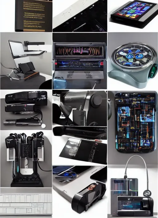 Image similar to electronics catalogue with hyper-detailed futuristic gadgets designed by Syd Mead, Jony Ive and Dieter Rams