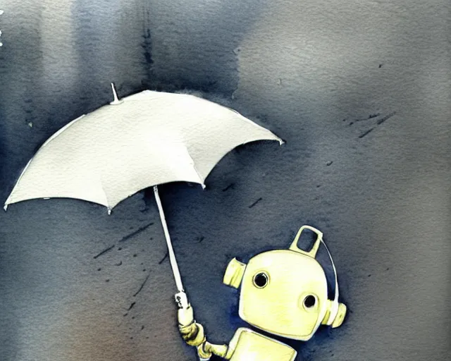 Image similar to a cute little robot holding an umbrella in the rain. gray sky, rain clouds, heavy rain. watercolor painting by jean - baptiste monge, muted colors