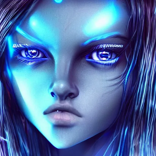 Prompt: photo of beautiful teenage girl with deep blue eyes and blue dyed hair, cyberpunk, hyper realistic, extremely detailed