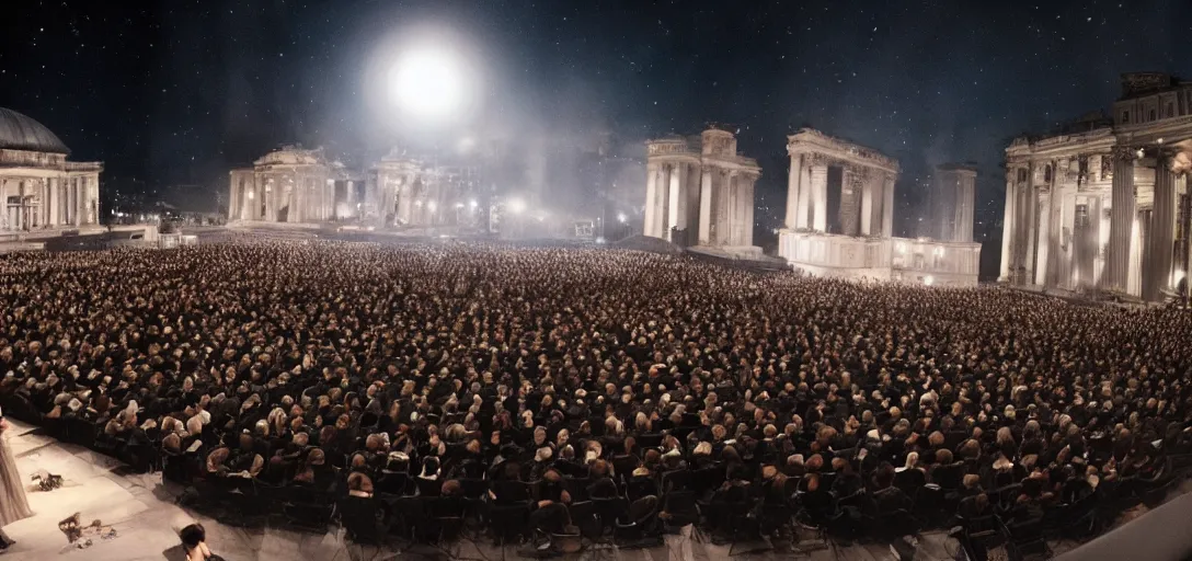 Image similar to a very high resolution image from a new movie. a beautiful concert during the night. photorealistic, photography, directed by stanley kubrick