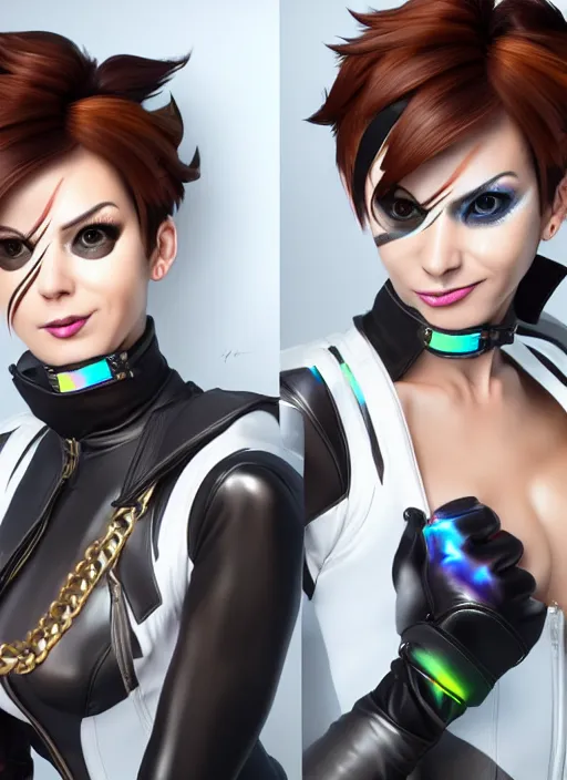 Image similar to portrait bust digital artwork of tracer overwatch, wearing white iridescent rainbow latex and leather straps catsuit outfit, 4 k, expressive happy smug expression, makeup, in style of mark arian, angel wings, wearing detailed black leather collar, chains, black leather harness, detailed face and eyes,