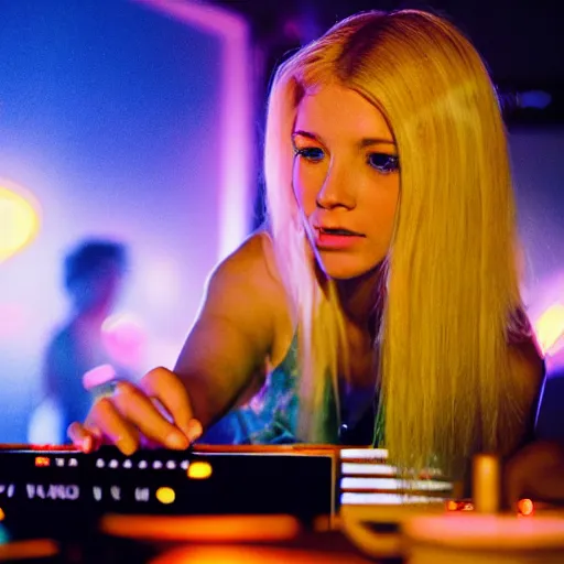 Image similar to A young, blonde-haired woman with soft facial features and blue eyes, 35mm photograph, neon lights in the background, DJing at coachella