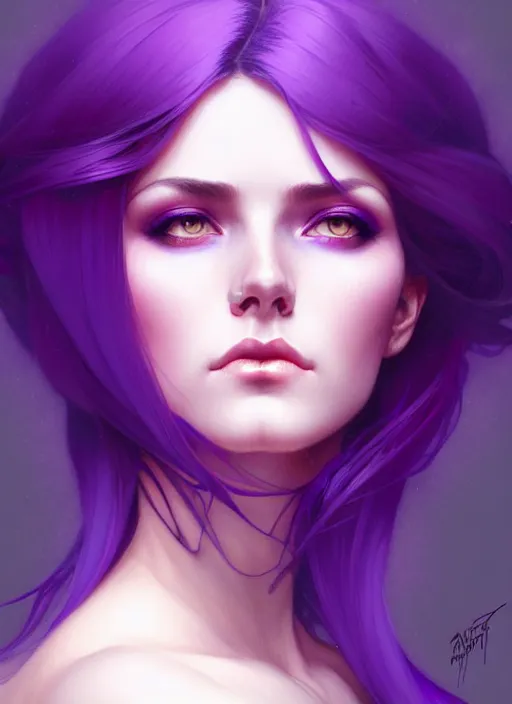 Prompt: Purple hair, creative colouring Portrait of woman, fashion, intricate, elegant, highly detailed, digital painting, artstation, concept art, smooth, sharp focus, illustration, art by artgerm and greg rutkowski and alphonse mucha
