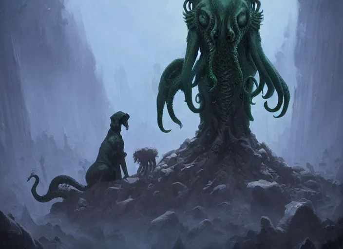 Prompt: A cthulhu and dog mix, highly detailed, in the style of romanticism, cinematic, artstation, Moebius, Greg rutkowski