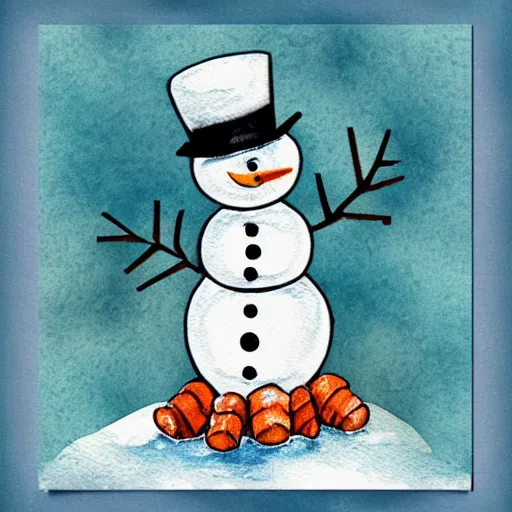 Image similar to snowman with carrot whimsical cute mixed media winter icon collage illustration in soft watercolor style, ice blue cold hues