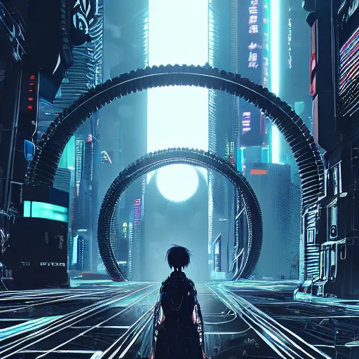 Image similar to Circle portal structure among cyberpunk Tokyo in style of Tsutomu Nihei. Cyberpunk, vertical symmetry, 8K, Highly Detailed, Intricate.