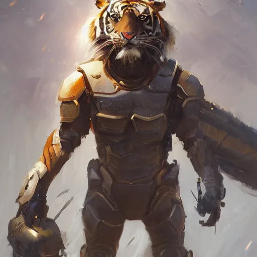 Image similar to a tiger wearing futuristic heavy armor ultra mega realistoc detailed art by greg rutkowski charles bowater 8k ultra mega detailed face photorealistic deviantar artstation real life western comic art sharp lines professionaly shaded