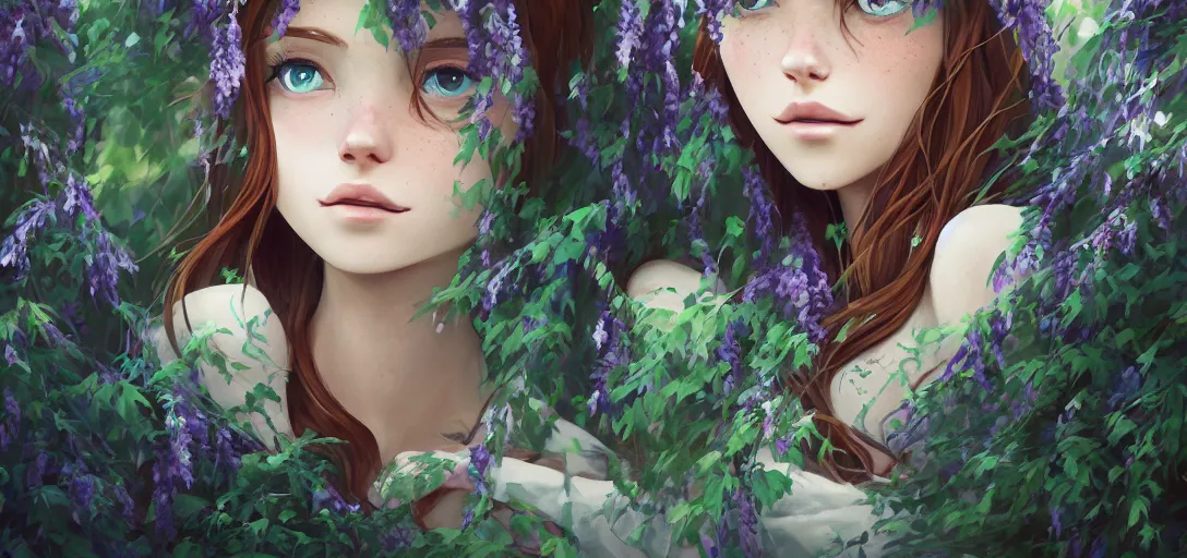 Image similar to a beautiful southern woman named Savannah, innocent, somber turquoise eyes, freckles, long ginger hair tied with white ribbon, sad under a wisteria plant, gentle lighting, storm in the distance, simple dress, digital art by Makoto Shinkai ilya kuvshinov and Wojtek Fus, digital art, concept art,