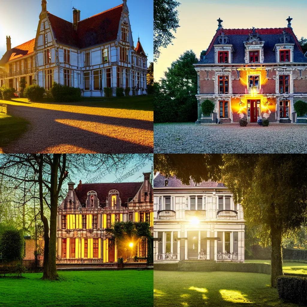 Prompt: High quality DSLR photo of a belle epoque house in Belgium at dawn, warm lighting, long shadows, beams of sunlight