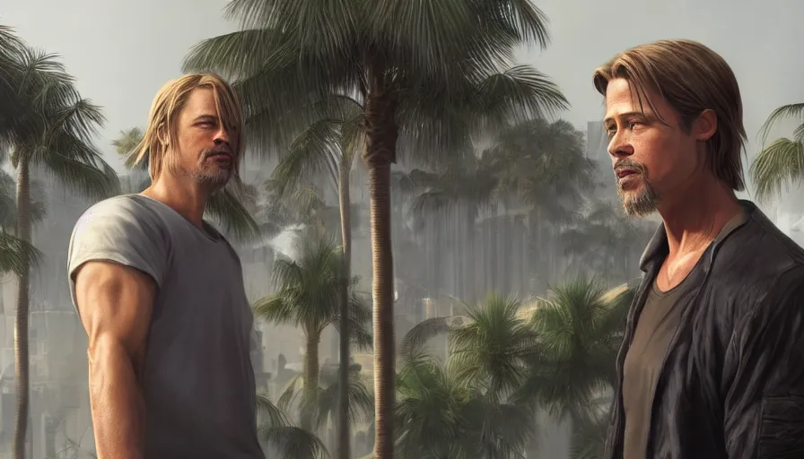 Prompt: Brad Pitt is Leon S. Kennedy, hyperdetailed, in the background, palm trees, sharp focus, sun, and fog are everywhere only one in the frame, artstation, cgsociety, 8k