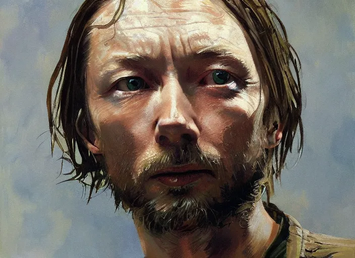 Prompt: a highly detailed beautiful portrait of thom yorke with a gun, by gregory manchess, james gurney, james jean