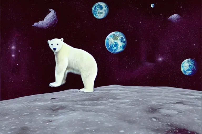 Prompt: a polar bear on the moon by kenny scharf, portrait,