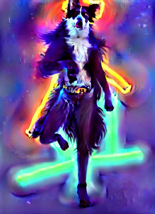 Image similar to wide angle beautiful full body portrait of a cute male anthropomorphic anthro border collie fursona wearing cowboy outfit in a neon metropolis, character design by charlie bowater, henry asencio, and ross tran, furry art, furaffinity, beautiful, glamor pose, detailed, aesthetic, trending on artstation