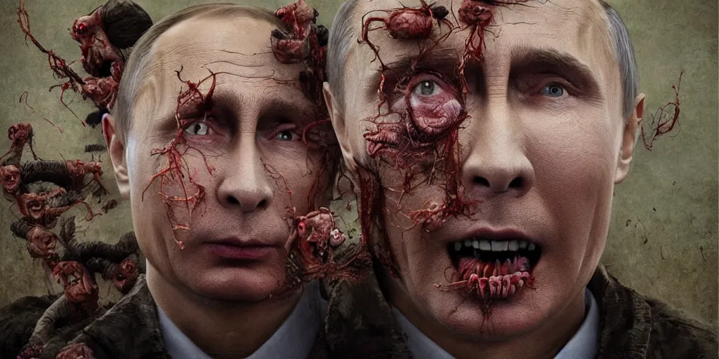 Image similar to highly detailed surreal vfx portrait of vladimir putin's face is eaten by worms, in the background an army of zombies with their mouths sewn shut with wire in the shape of the letter z, style of makoto shinkai studio ghibli genshin impact jamie wyeth james gilleard greg rutkowski, photorealistic, hyperdetailed