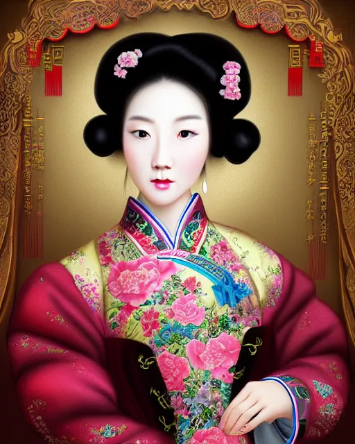Image similar to photo portrait of beautiful chinese woman dressed in rococo style clothing, elegant, digital painting, clean, smooth, sharp focus