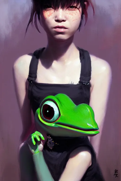 Image similar to portrait of a punk girl on a date with pepe! the frog! drinking coffee in the style of fenghua zhong and ruan jia and jeremy lipking and peter mohrbacher, extremely detailed digital painting, 8 k, natural lighting