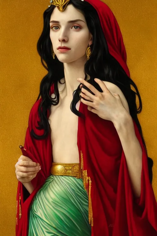 Prompt: Portrait of historically accurate, ancient biblical, pale, slim, shapely, young queen jezebel, wearing gilded red robes, long black hair, green eyes, intricate, elegant, highly detailed, digital painting, artstation, concept art, smooth, sharp focus, illustration, art by artgerm and greg rutkowski and alphonse mucha and andrei riabovitchev