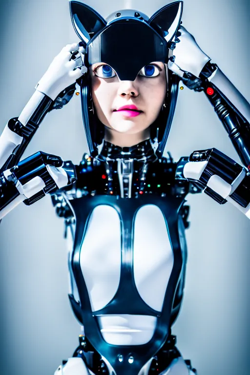 Image similar to cybernetic ultra high tech female robot with cat ears, sci - fi, cyberpunk, high tech, futurism, exoskeleton, symmetry, cinematic, elegant, luxury, perfect light, perfect composition, dlsr photography, sharp focus, 8 k, ultra hd, sense of awe, highly detailed, realistic, intricate, science journal cover