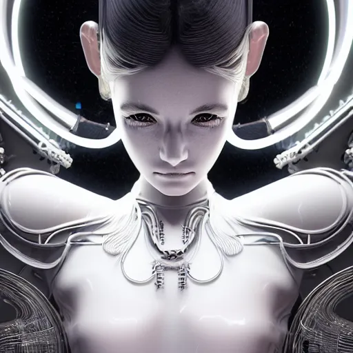 Image similar to symmetrical feminine cyborg goddess rendered in Cinema 4D and Octane and Unreal Engine 5, elegant cybernetic body and ornate futuristic robes, glowing white neon eyes, platinum and obsidian flowing long hair, art by Artgerm, Beeple and Alphonse Mucha, hyperrealism, full body photogenic shot, digital render, cinematic lighting ornate earrings, 8k resolution, masterpiece work