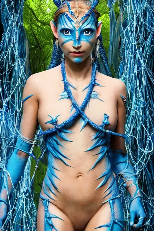 Prompt: a blue - skinned female navi from avatar wearing an elaborate outfit made out of shells wrapped in barbed wire suspended in the air between two trees, cosplay, body paint, high resolution film still, hdr color, movie by james cameron, clean composition, highly symmetric body parts, blue skin