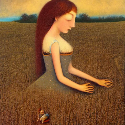 Image similar to by Remedios Varos, a brown haired giantess rising above a field of wheat. Cats are playing. Oil painting, high res, traditional