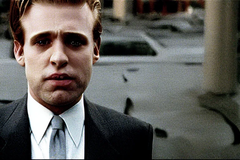 Prompt: cinematic still of portly clean-shaven white man wearing suit and necktie and curly blonde blonde blonde hair as car salesman in 1994 film, XF IQ4, f/1.4, ISO 200, 1/160s, 8K, RAW, dramatic lighting, symmetrical balance, in-frame