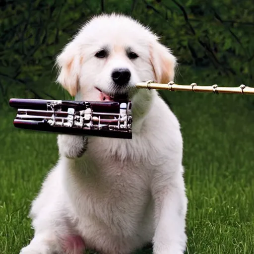 Prompt: a dog playing the flute