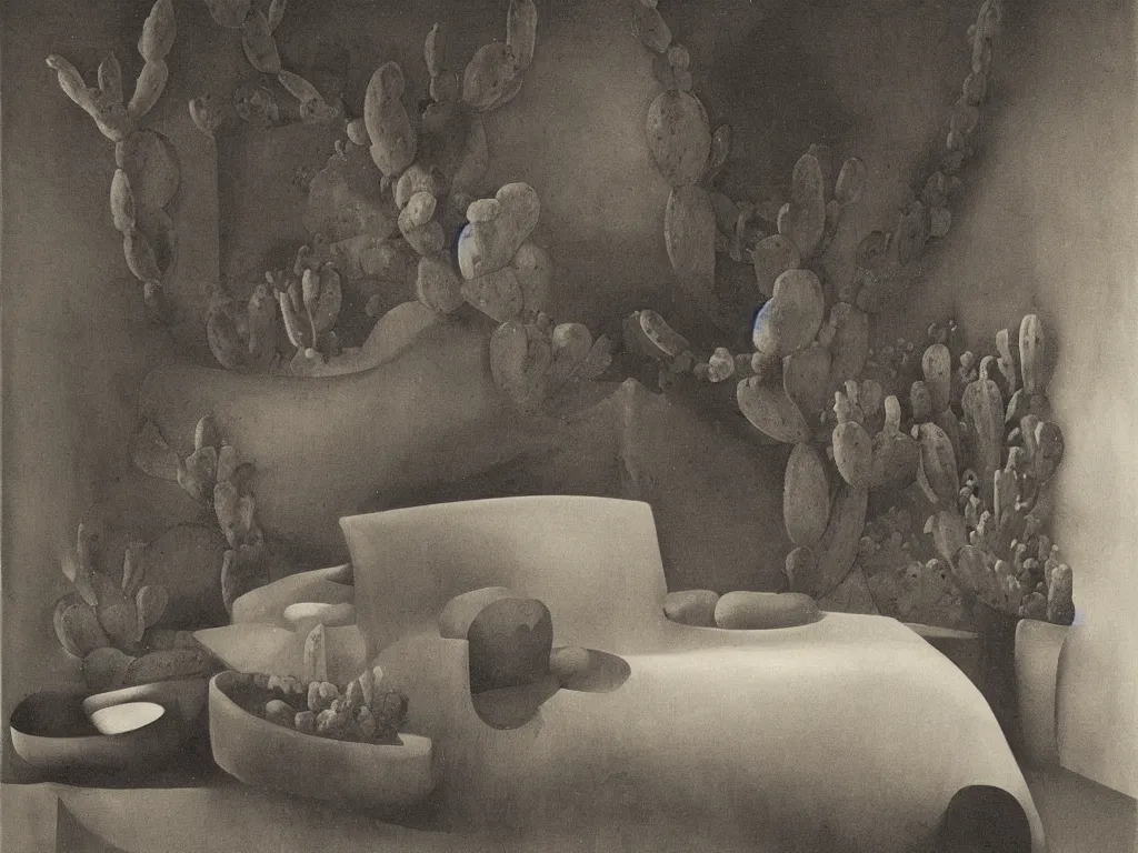 Image similar to gothic luminescent bed with cactus. painting by karl blossfeldt, morandi