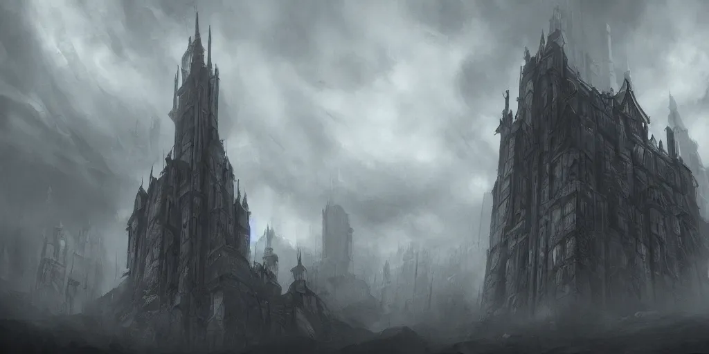 Image similar to grimdark fantasy fortress, terrifying architecture, looming, dark, fog, dark souls, artstation