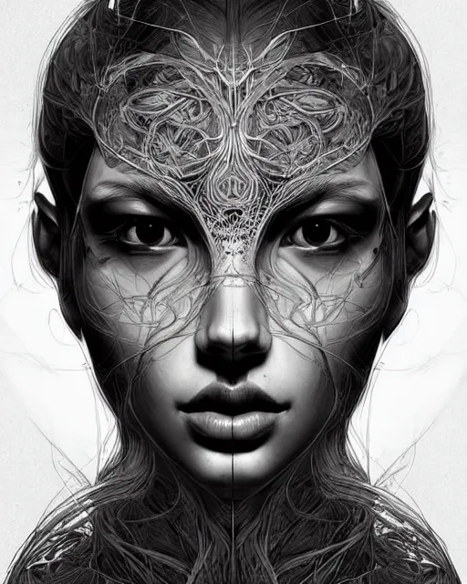Image similar to digital art, centered portrait with face made with intricate roots, by james jean and by artgerm, by ross tran, ultradetailed, charachter design, concept art, trending on artstation,