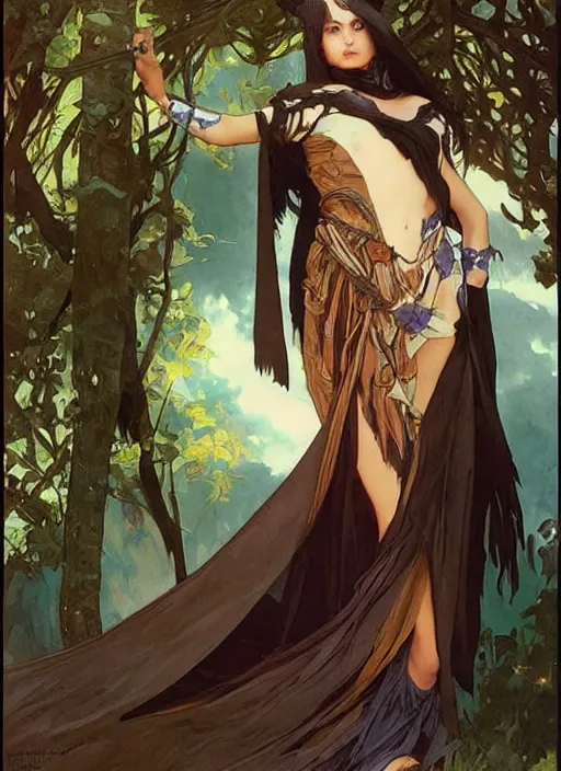 Prompt: a young woman fantasy adventurer with a huge cloak made of black raven feathers, beautiful painting by artgerm and greg rutkowski and alphonse mucha