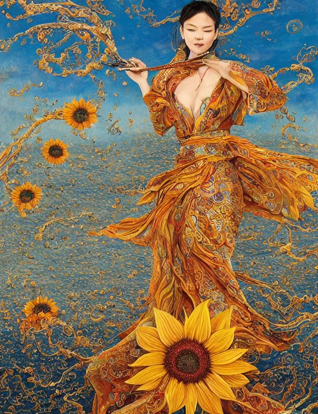 Image similar to a china cat sunflower walking proudly jingling in the midnight sun with a bodhi that drips a silver kimono Like a crazy quilt star gown through a dream night wind, intricate and complexly detailed wet oil painting, by Karol Bak and Tony Diterlizzi, influenced by Artgerm, golden hour scene, center perspective, multi-dimensional, 8k, octane rendering,