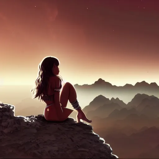 Prompt: Anime still of Lana Del Rey on Mars, sitting on a Martian rock, smoking a cigarette, reddish atmosphere with detailed highlights, dark gloomy sky cascading upon the atmosphere, well-detailed ornate Martian mountains in the background, trending on artstation, 4k, 8k