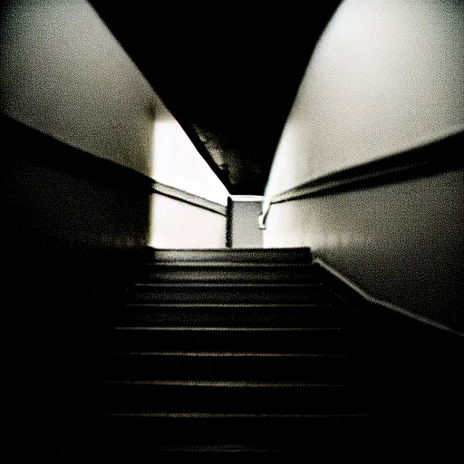 Image similar to black and white surreal photograph, highly detailed vast space made of stairsteps, sideview, detailed textures, natural light, mist, architecture photography, film grain, soft vignette, sigma 1 4 mm f / 1. 4 1 / 1 0 sec shutter, imax 7 0 mm footage