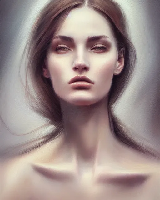 Prompt: portrait of a beautiful woman, enigmatic beauty, head in focus, intricate, elegant, highly detailed, hyperrealistic, concept art, painterly, sharp focus, art by emilia elfe