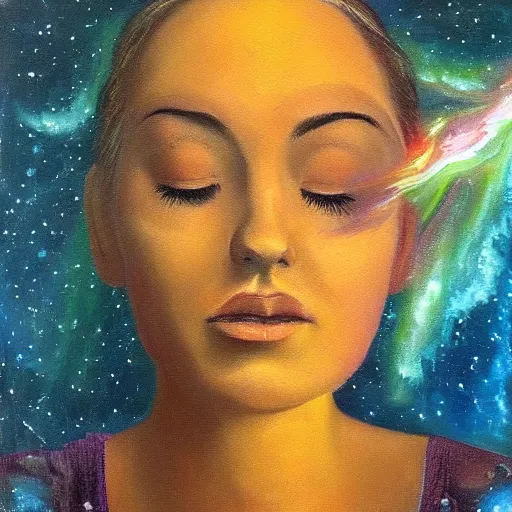 Prompt: a beautiful oil painting of me looking inward and inside out to discover a peaceful galaxy of ethereal energy